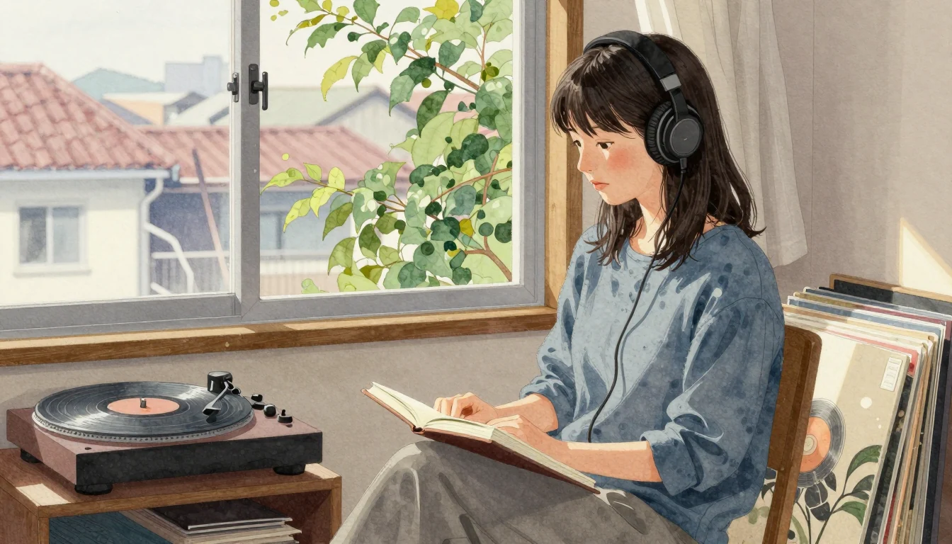 A young woman listening to records by a sunlit window.