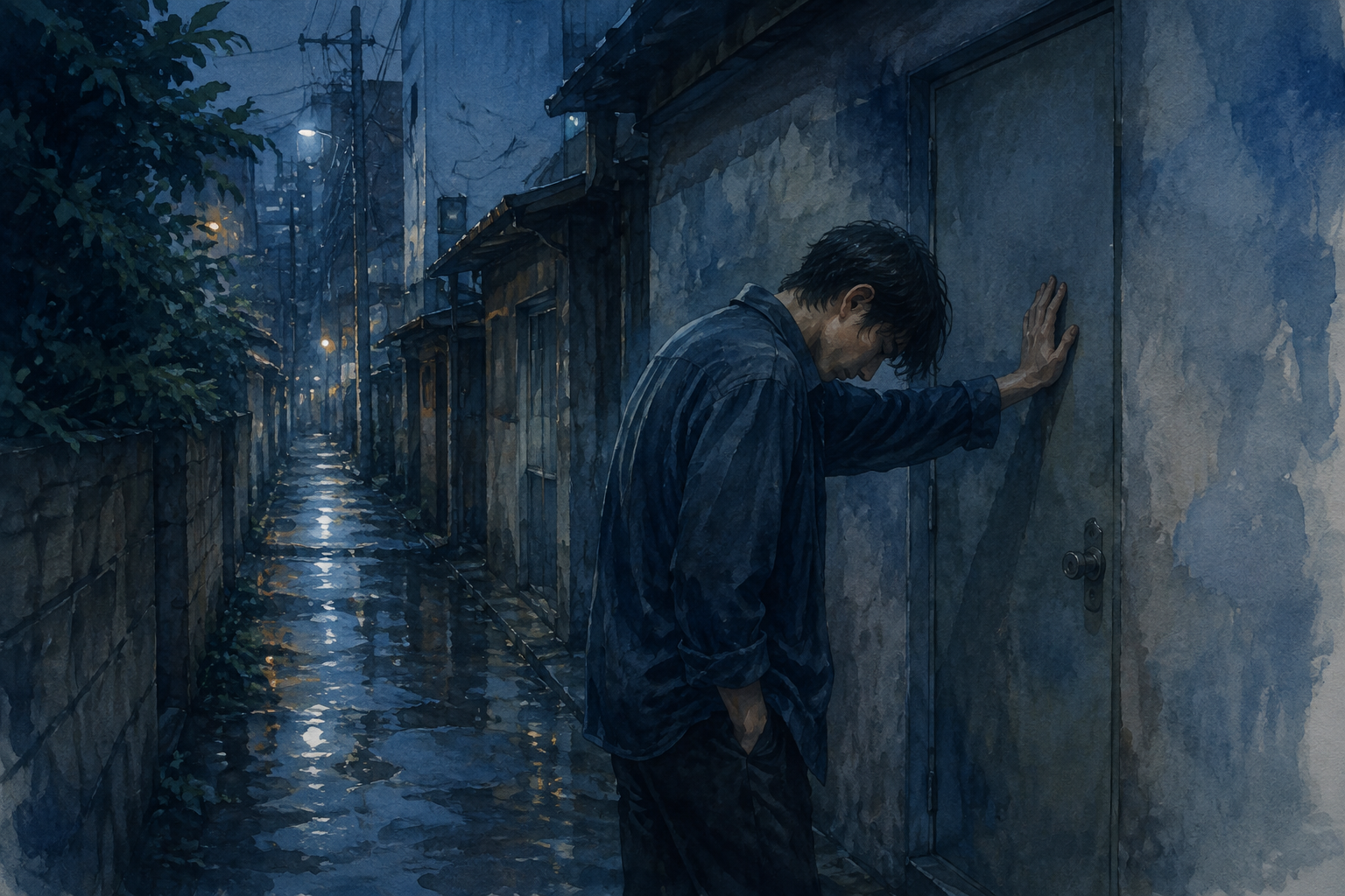 An imagined pause at a closed doorway, before the decision about a next attempt.
