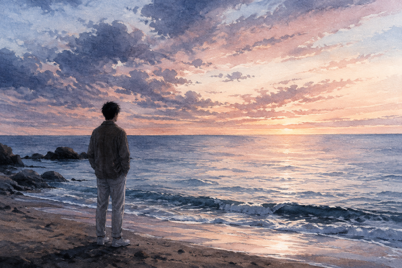 An imagined figure facing a brightening horizon; the light suggests possibility rather than a replacement for what was lost.