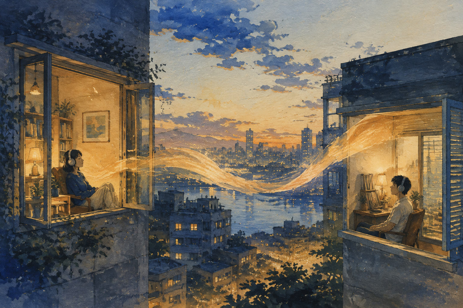 An imagined ribbon of sound between distant windows, a visual metaphor for connection rather than a literal scene.