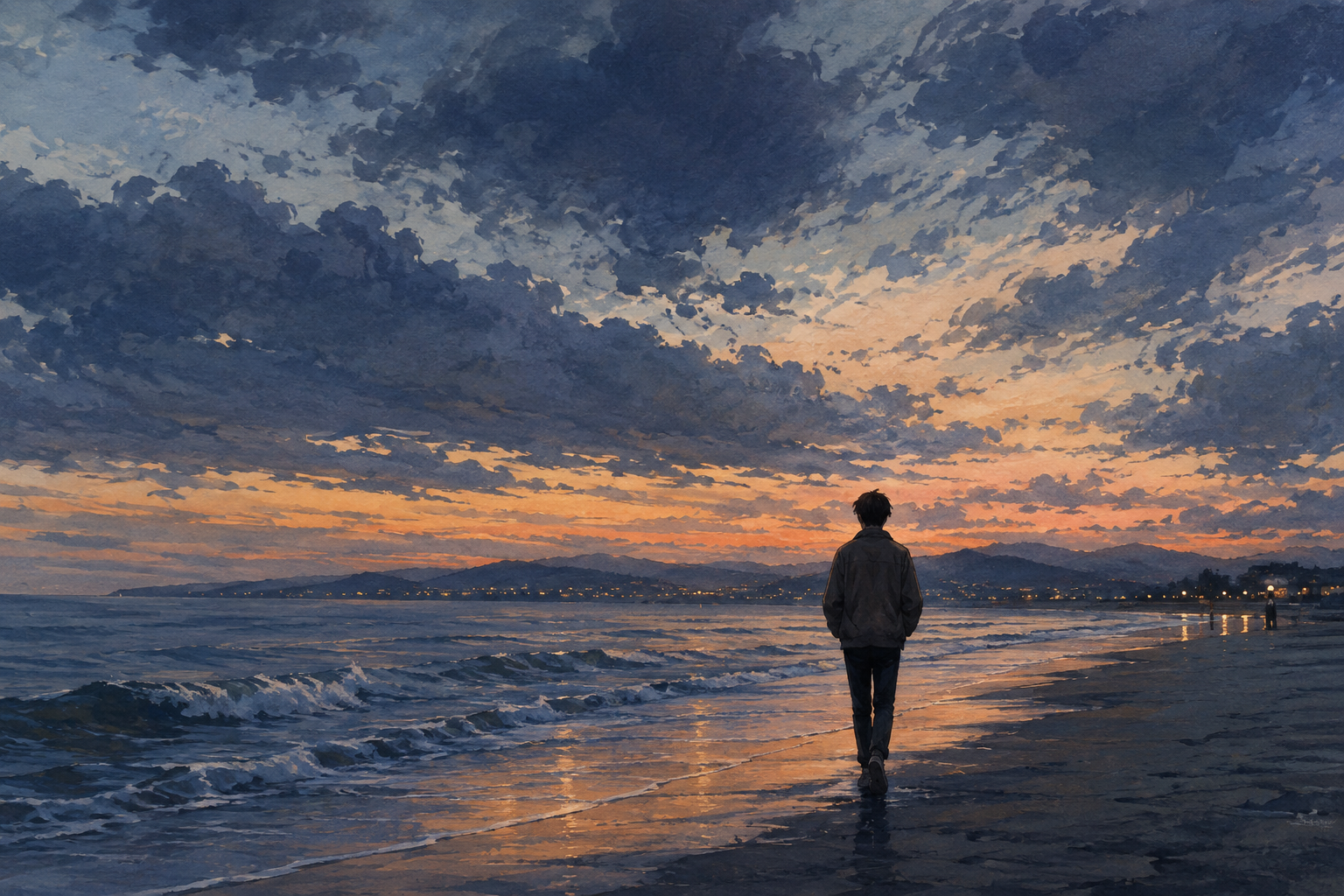 An imagined walk beside the evening sea, leaving room for a life outside the scene we can see.