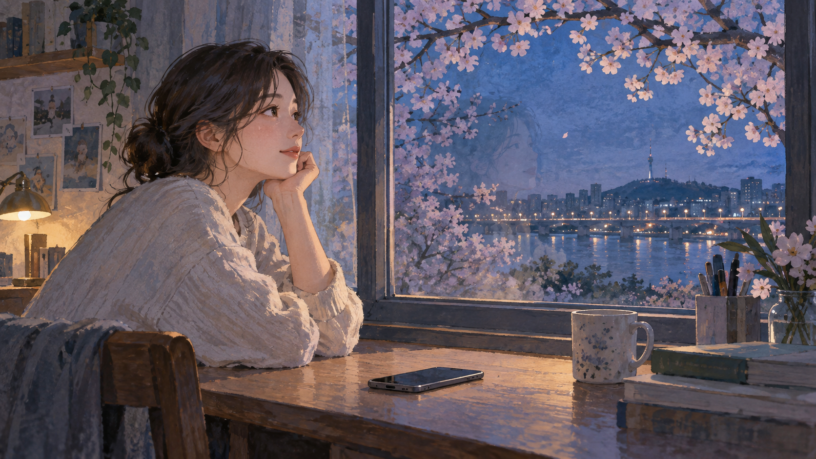 The view outside grows quiet while attention remains with the phone.