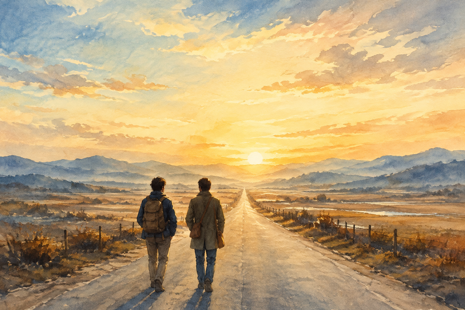 An imagined shared road at dawn: another step need not announce a final destination.