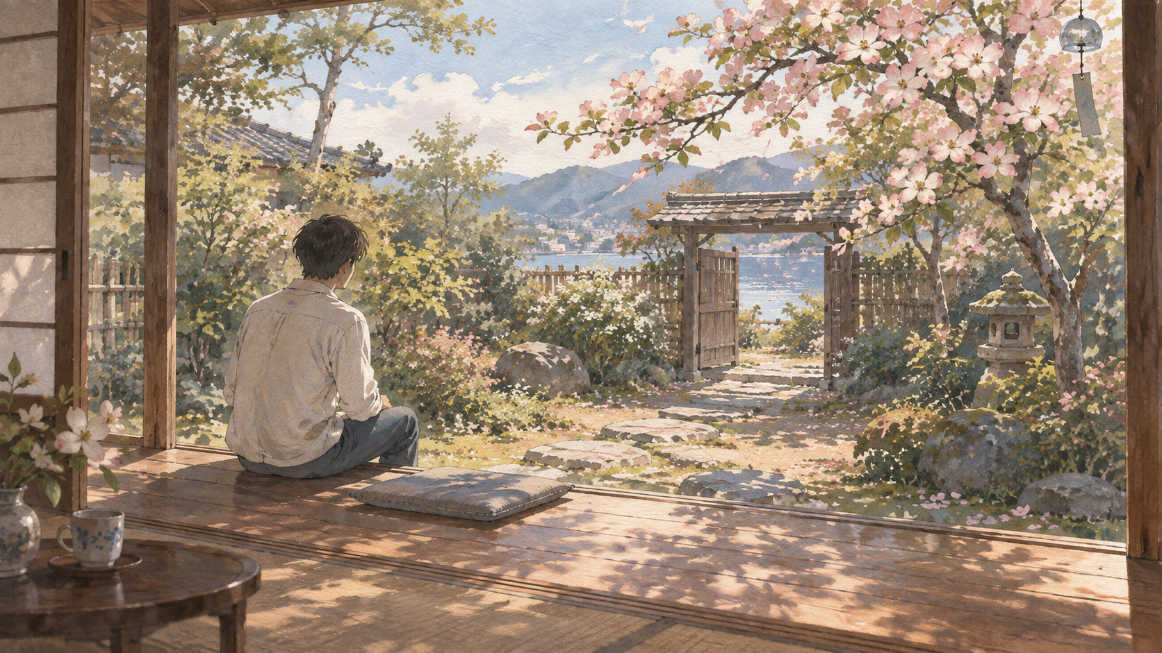 A person waits beside a garden opening into spring.
