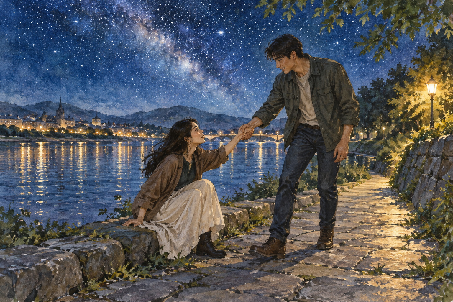 A single person reaching out changes the look of the night sky.