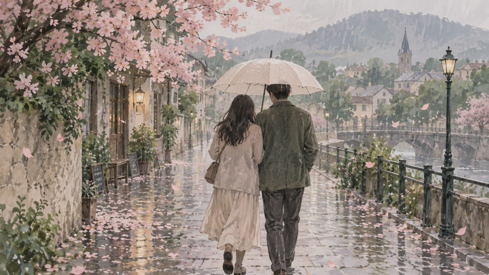 Two people share shelter beneath flowering branches.