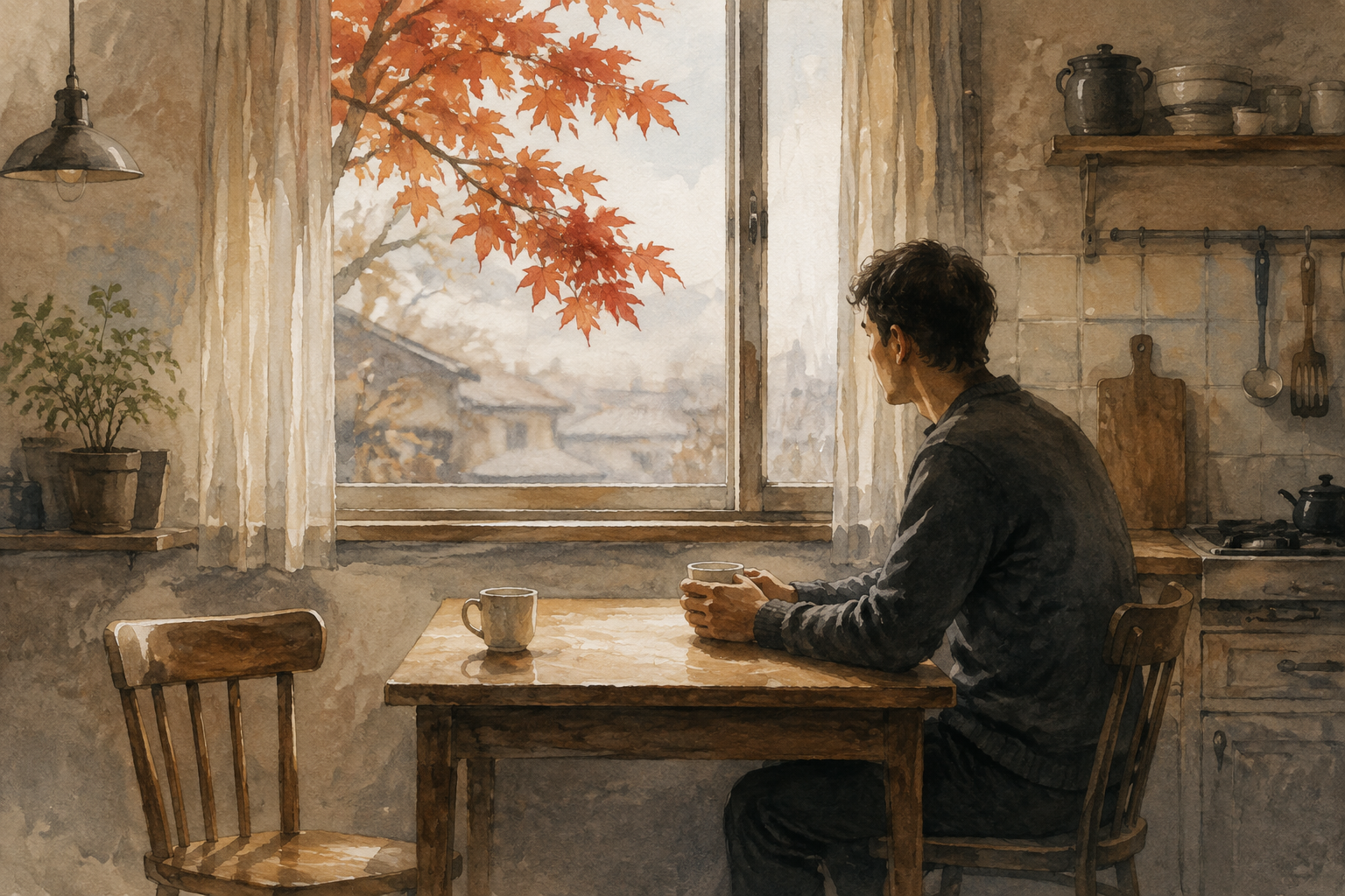 An imagined quiet room with autumn color beyond the window.
