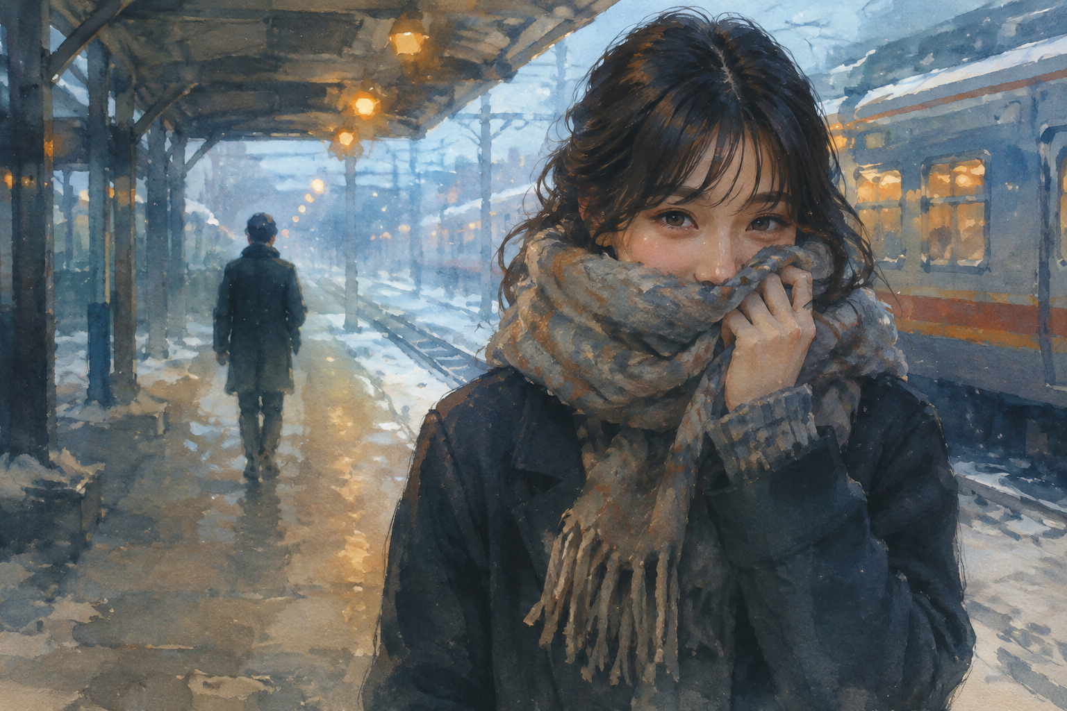 A smile hidden inside a muffler, afraid of being seen.