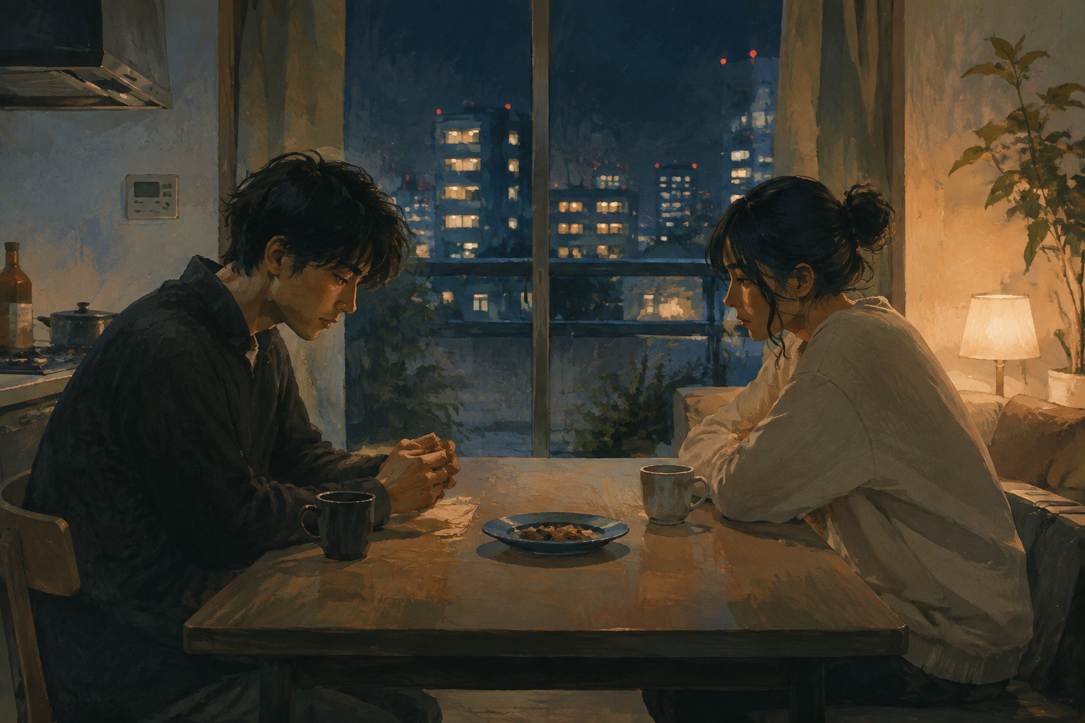 They sit facing each other, yet instead of answering, they only fidget with their fingertips.