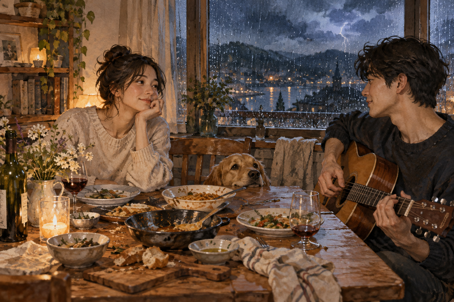 Even as the meal draws to a close, the rain outside the window and the warmth of the table linger on.