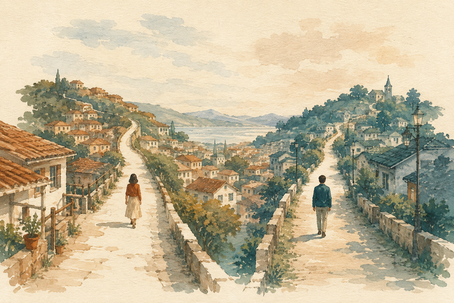 An imagined pair of separate paths, supported by a history that neither person carries alone.