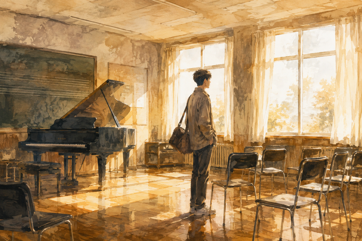 A school music room before an imagined departure.
