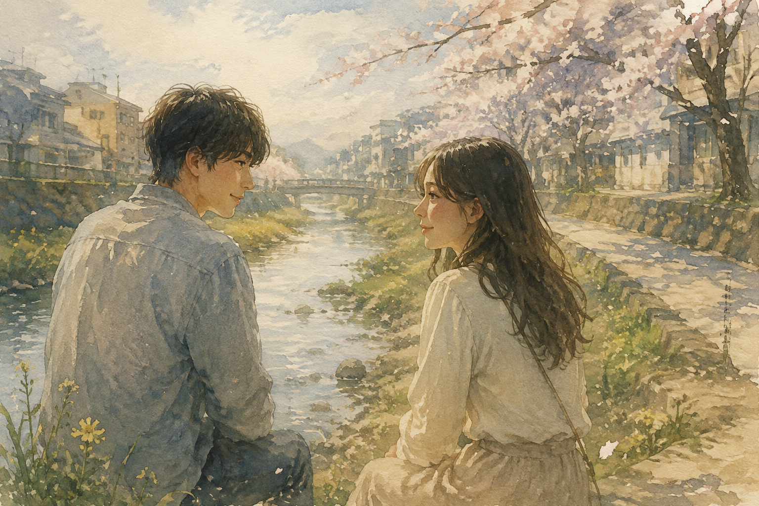 An imagined quiet moment beside a river: a small shared happiness can have a long afterlife.