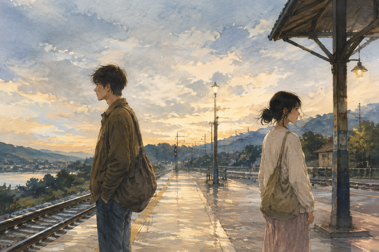 Two people at a station facing different directions.