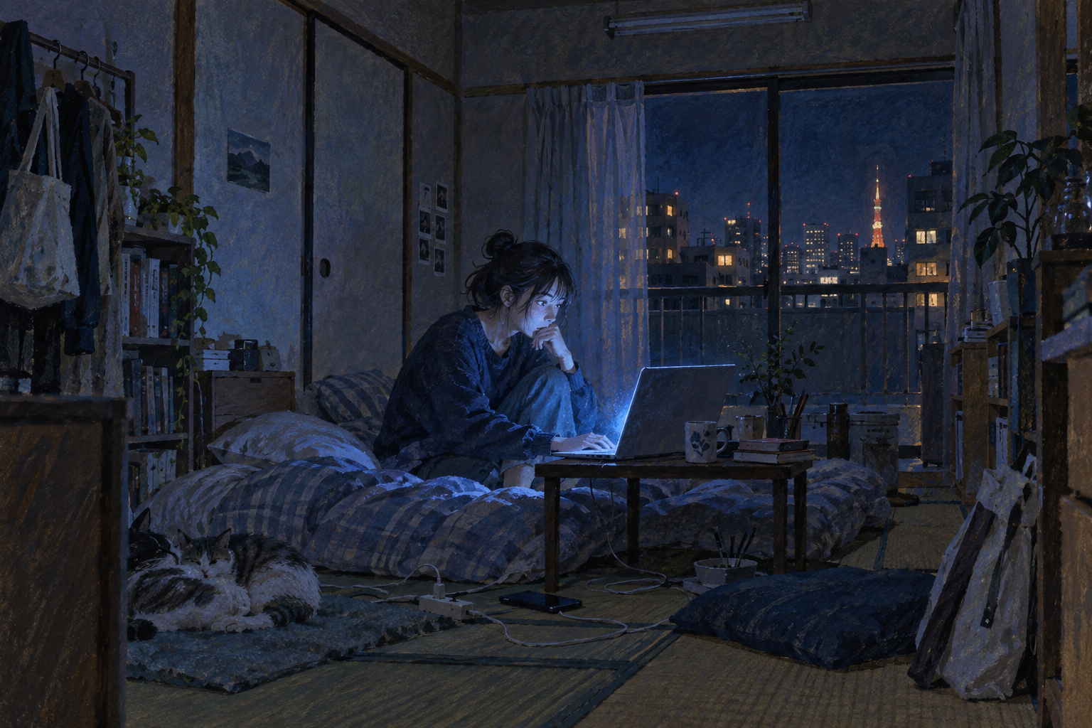 The city lights do not reach far enough to dispel the loneliness inside a small room.