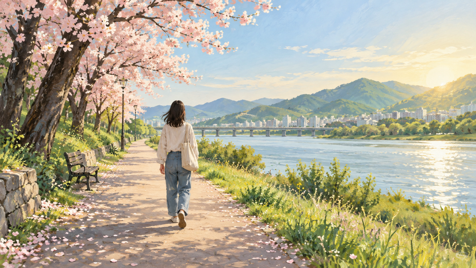 A figure continues along a spring path without a promised reunion ahead.