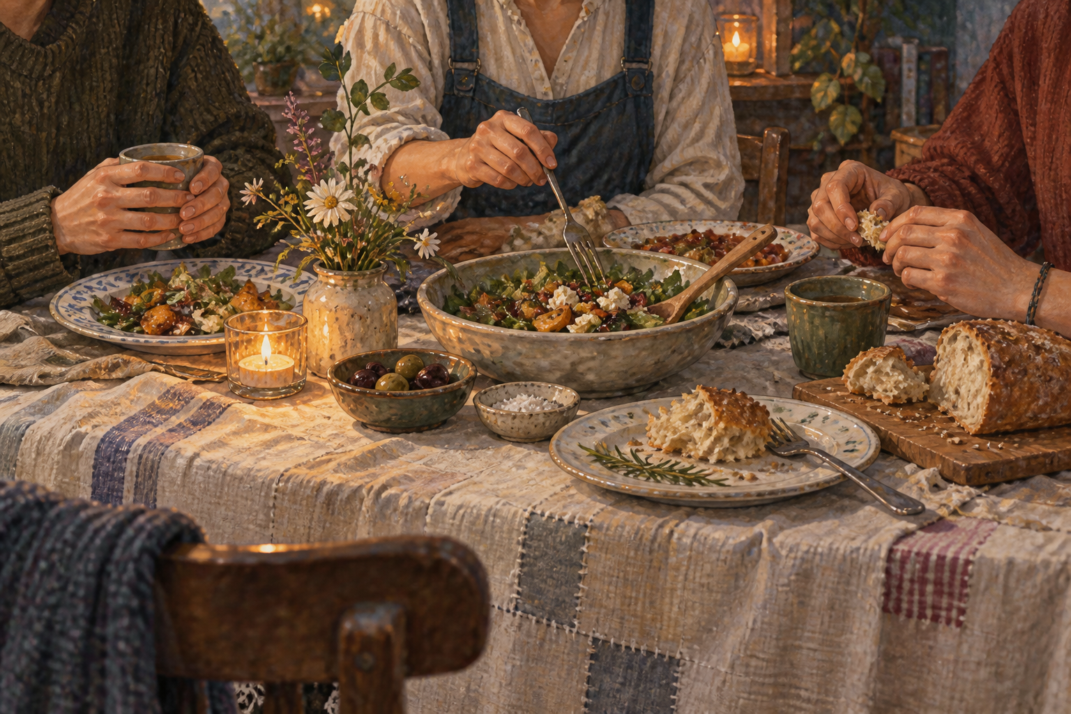 Even among mismatched dishes, a place is made for sharing the meal.