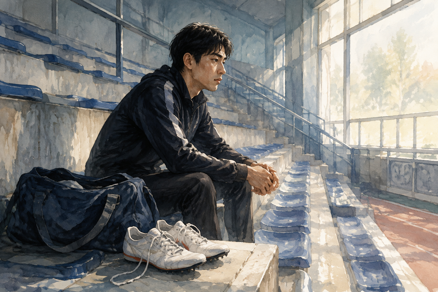 An imagined athlete beside an empty arena: preparation can be real even when the event never takes place.