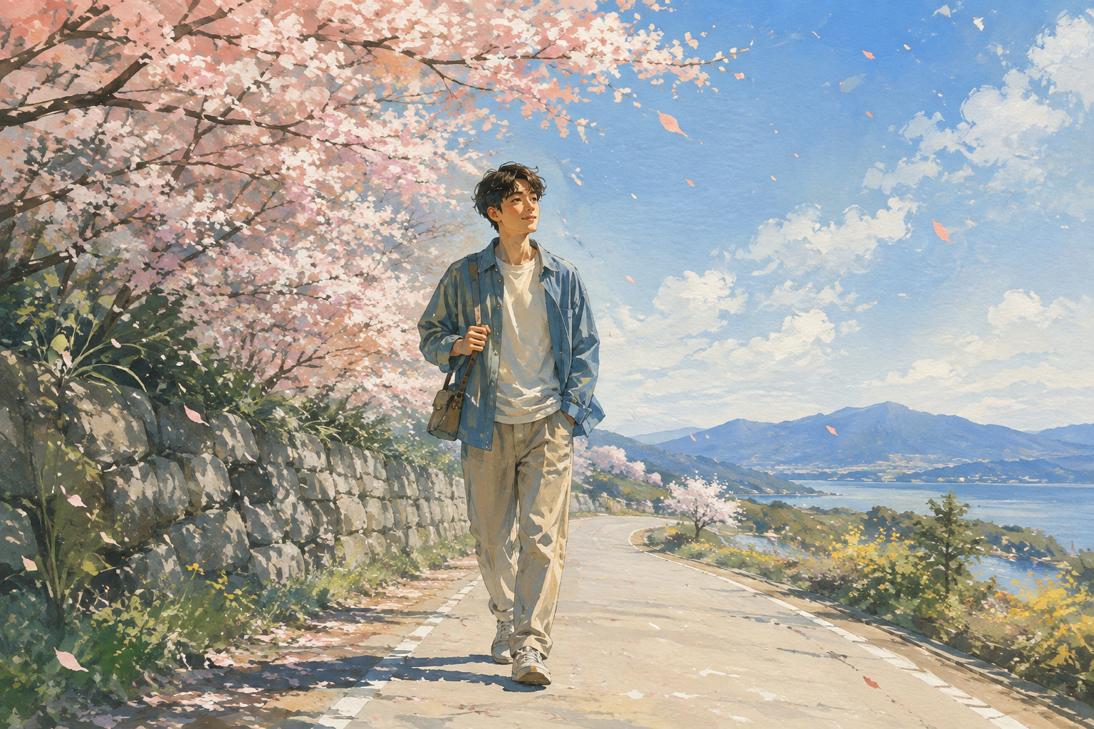 An imagined walk under blossoms, carrying a memory into a day that has not yet been lived.