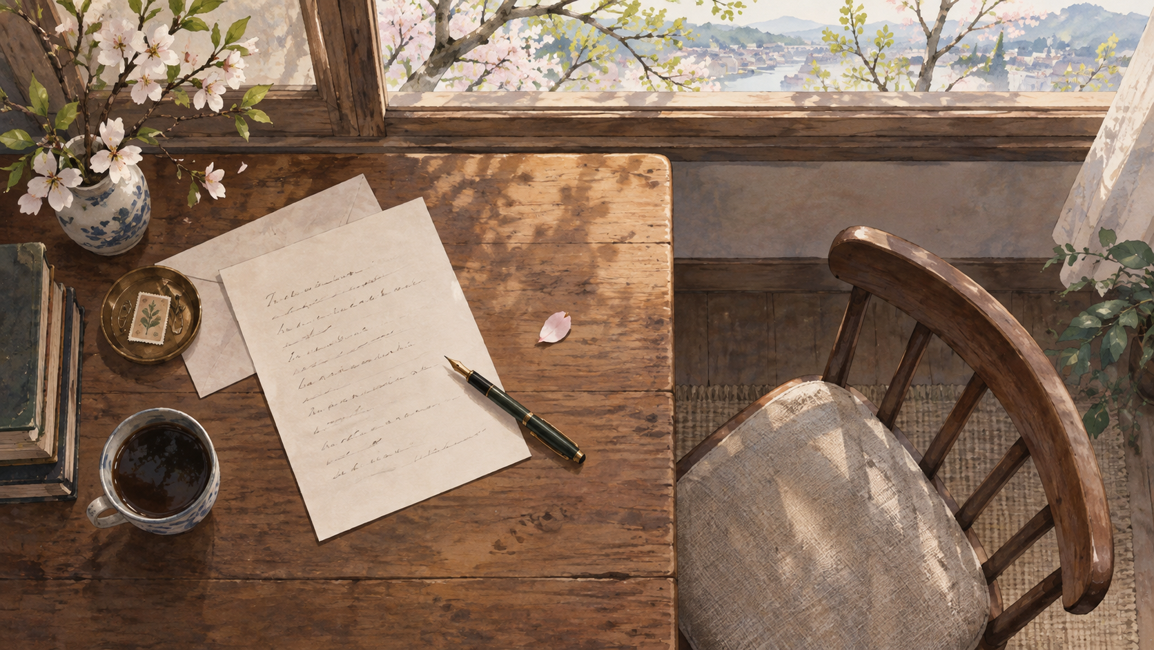 A letter rests beside the quiet space of an absent companion.