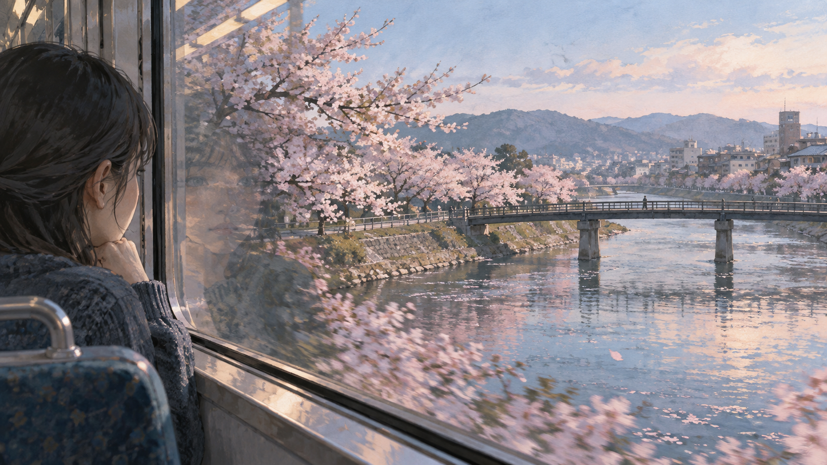 A train window frames a spring landscape already filled with memory.