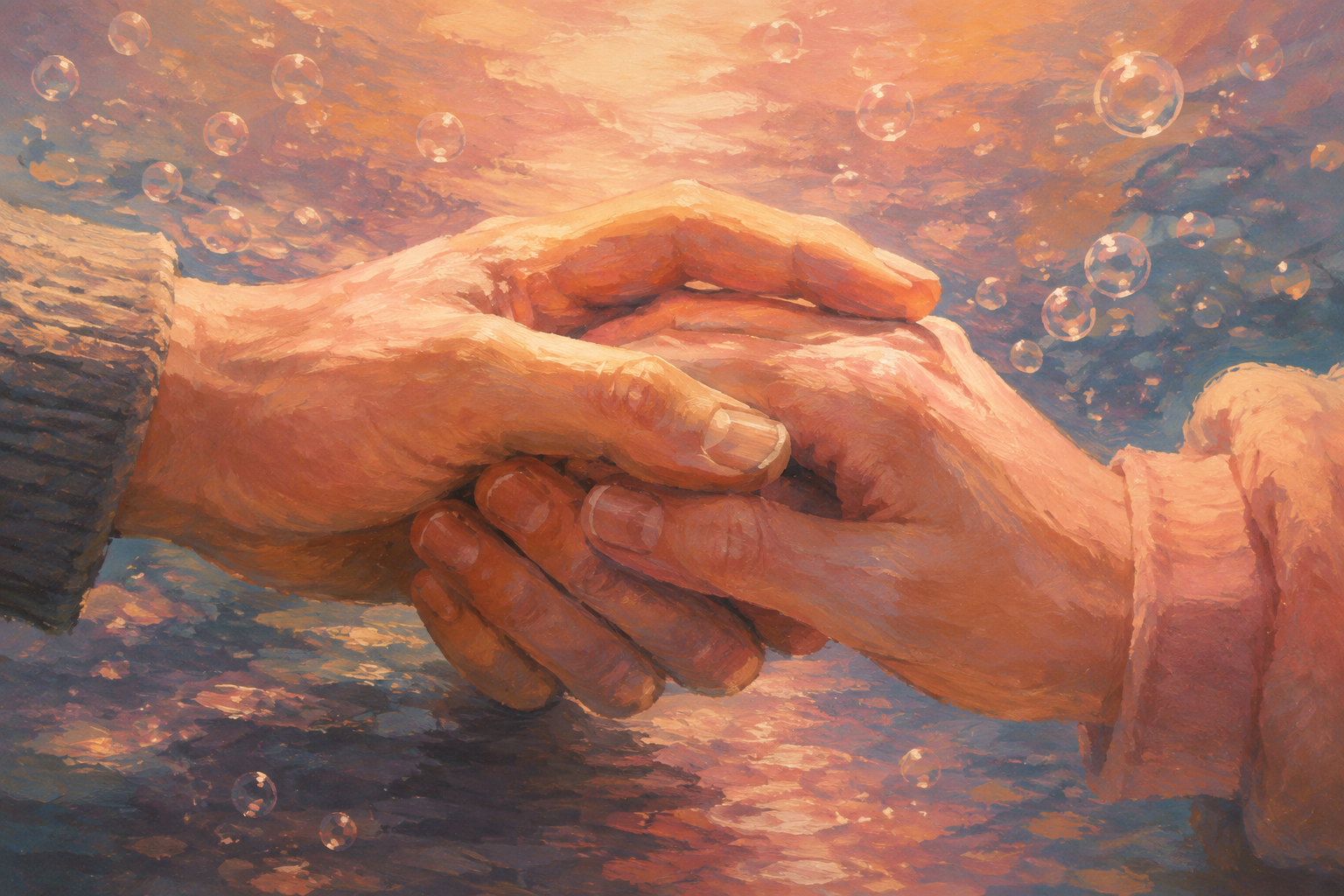 The warmth of the moment their hands meet arrives before any explanation can.
