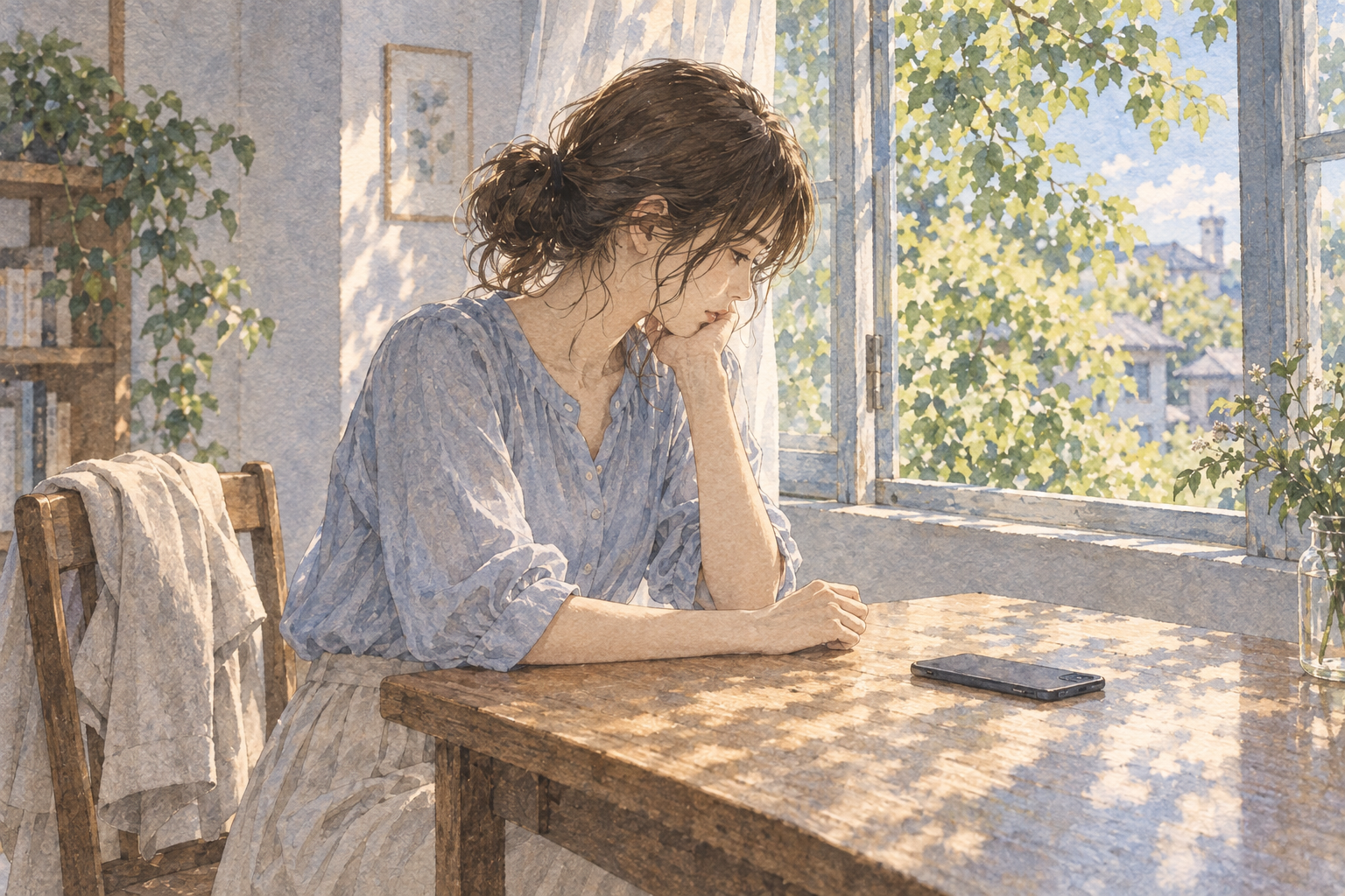 A person hesitates beside a window, with a light jacket left on the next chair.