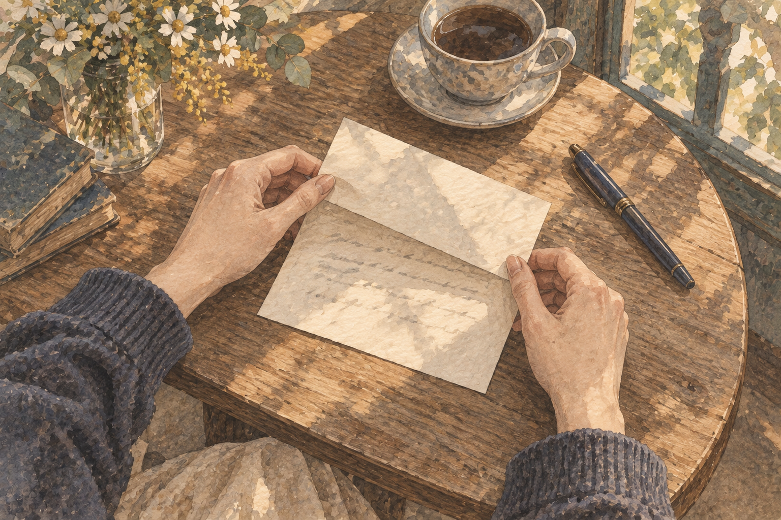 Hands pause over a folded letter: an imagined image of words offered and then withdrawn.