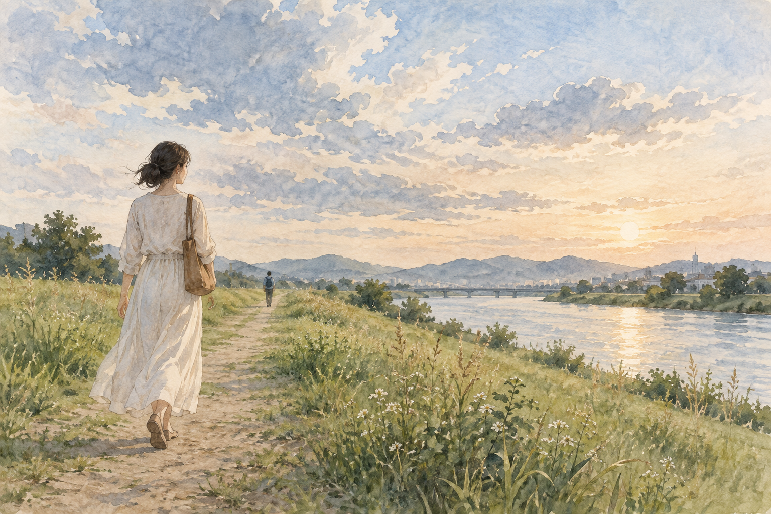 An imagined open sky above a riverside path, connecting distance with the sense of a shared present.