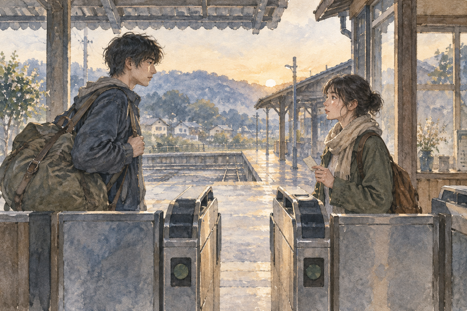 An imagined station entrance, where traveling and accompanying someone become different actions.