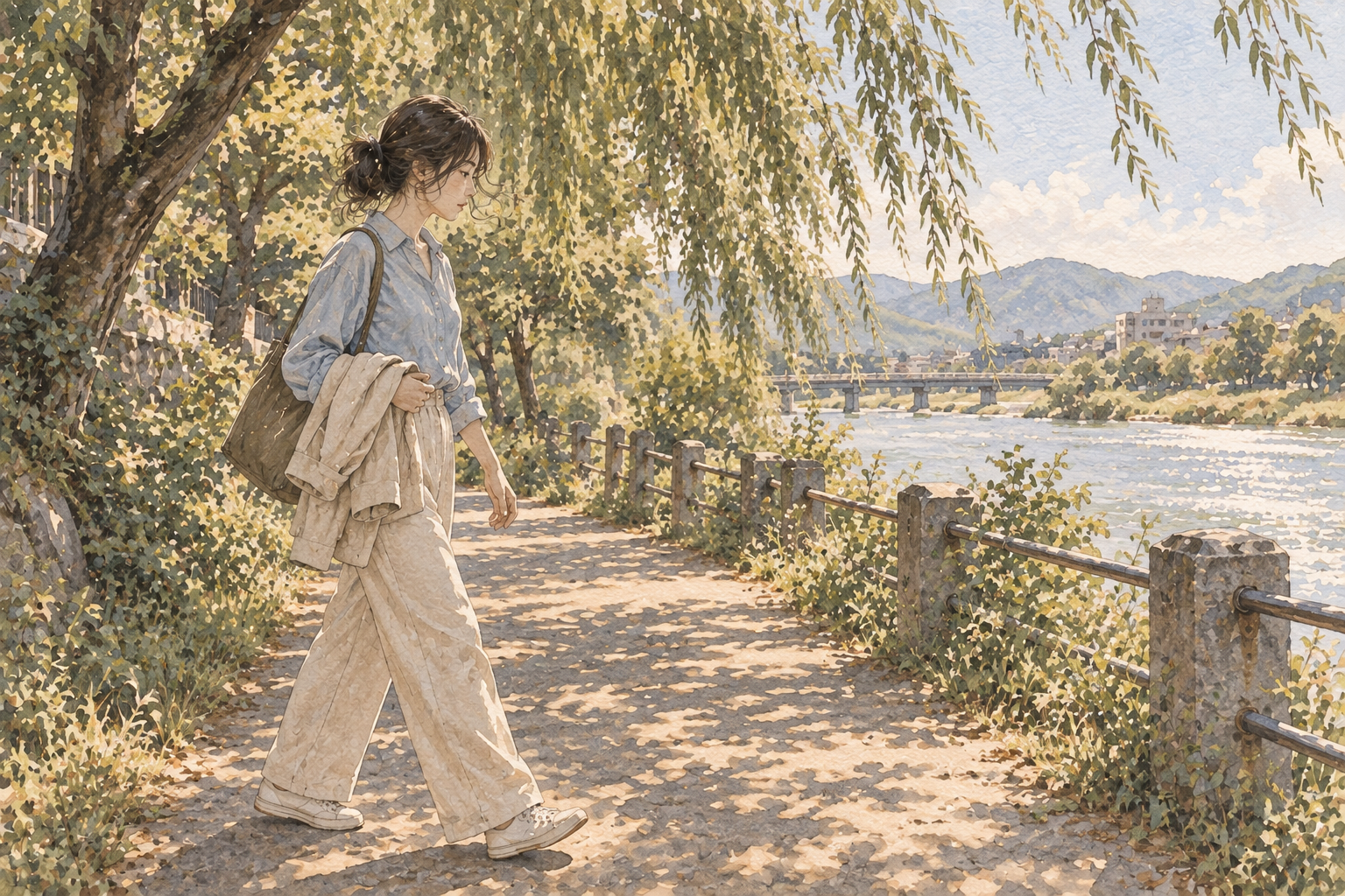 A walker carries a light jacket instead of wearing it as a protective layer.