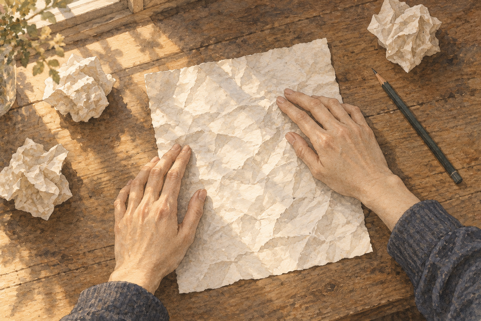 A sheet is gently opened and smoothed after being crumpled.