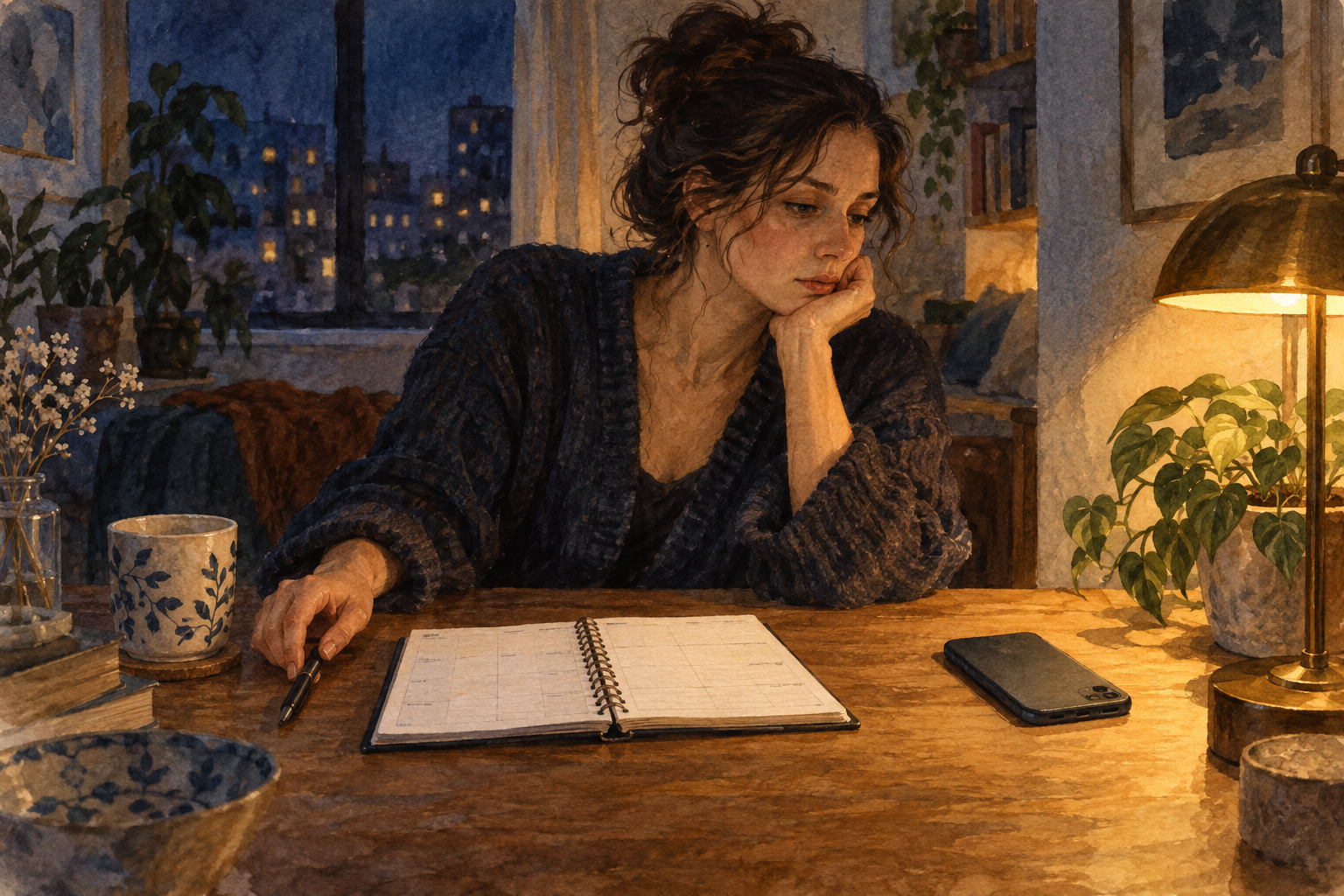 An imagined pause at night, when a resolution and the wish for another message can coexist.