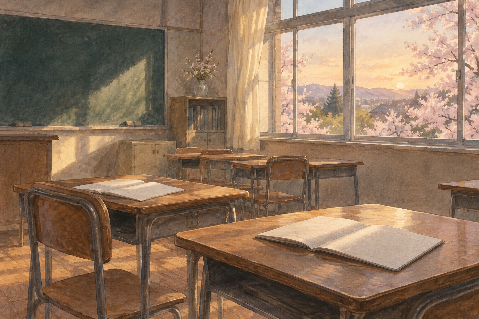 An imagined classroom after the students have left, preserving the space of a shared routine.