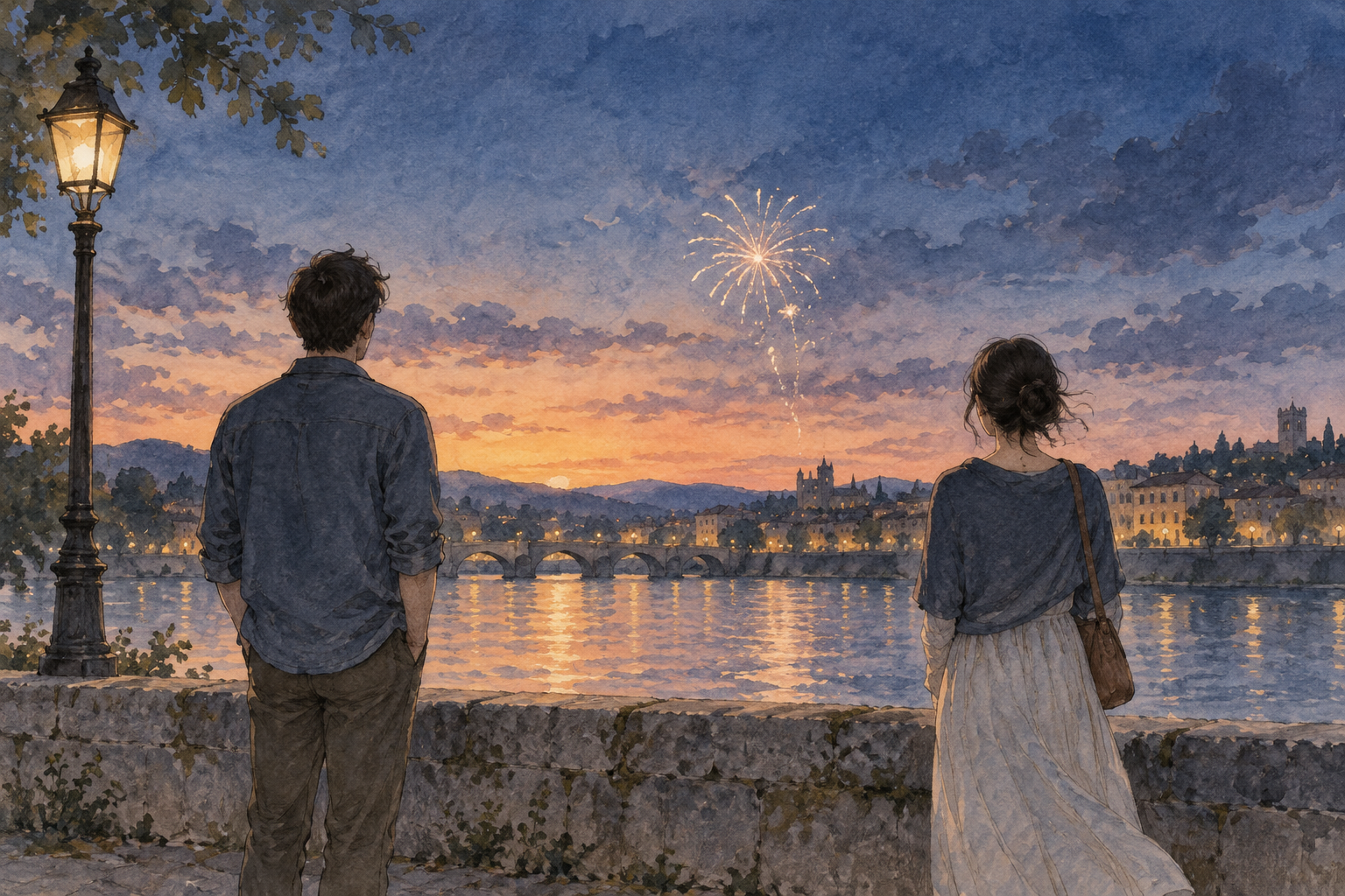 An imagined pair beneath fireworks: being together can introduce a new uncertainty rather than remove every old one.
