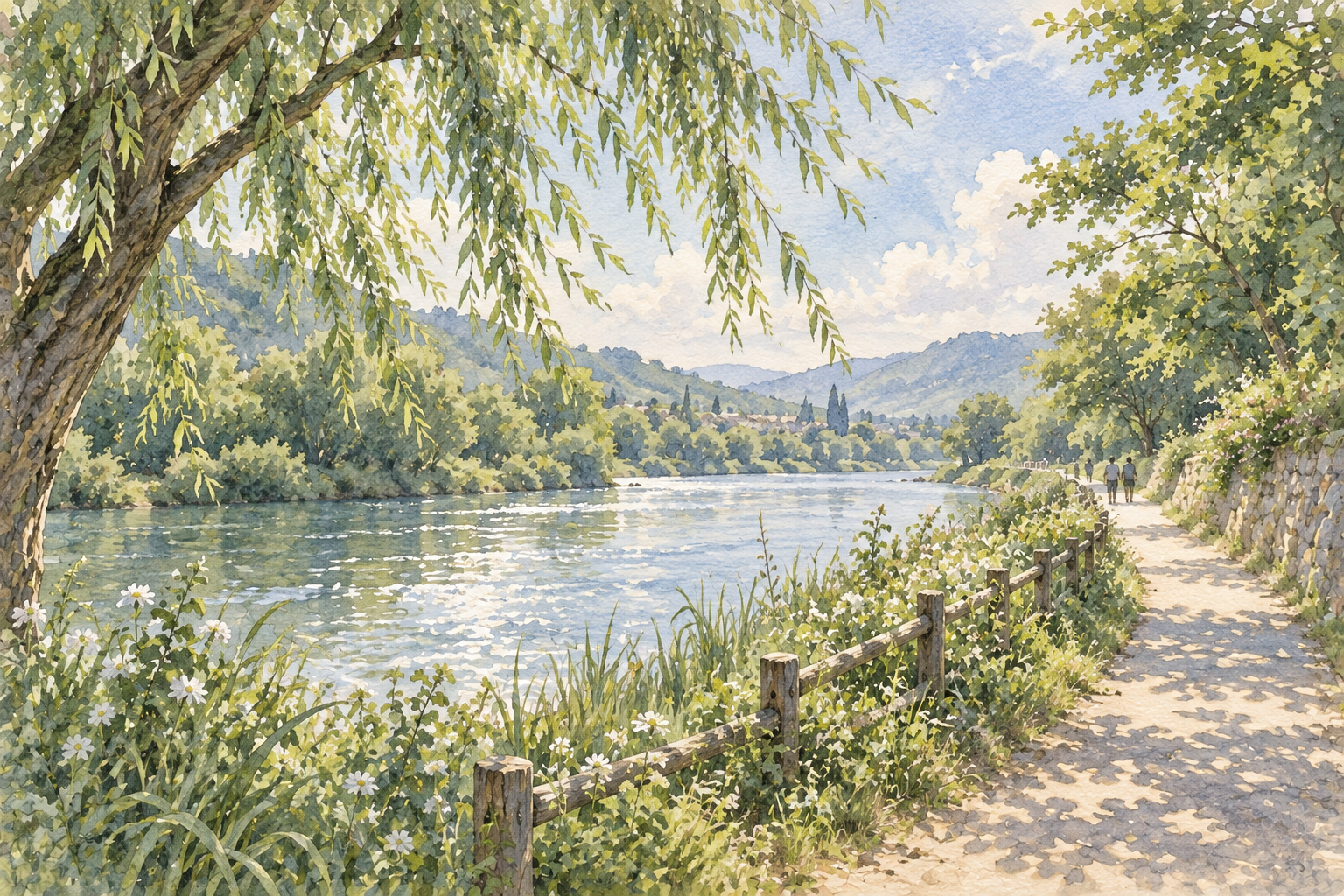 Wind moves through the trees beside a river path in an imagined early summer.