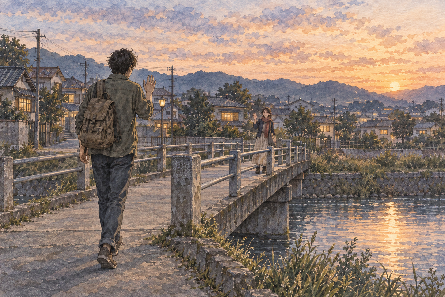 Two people recognize each other from opposite ends of a small bridge.