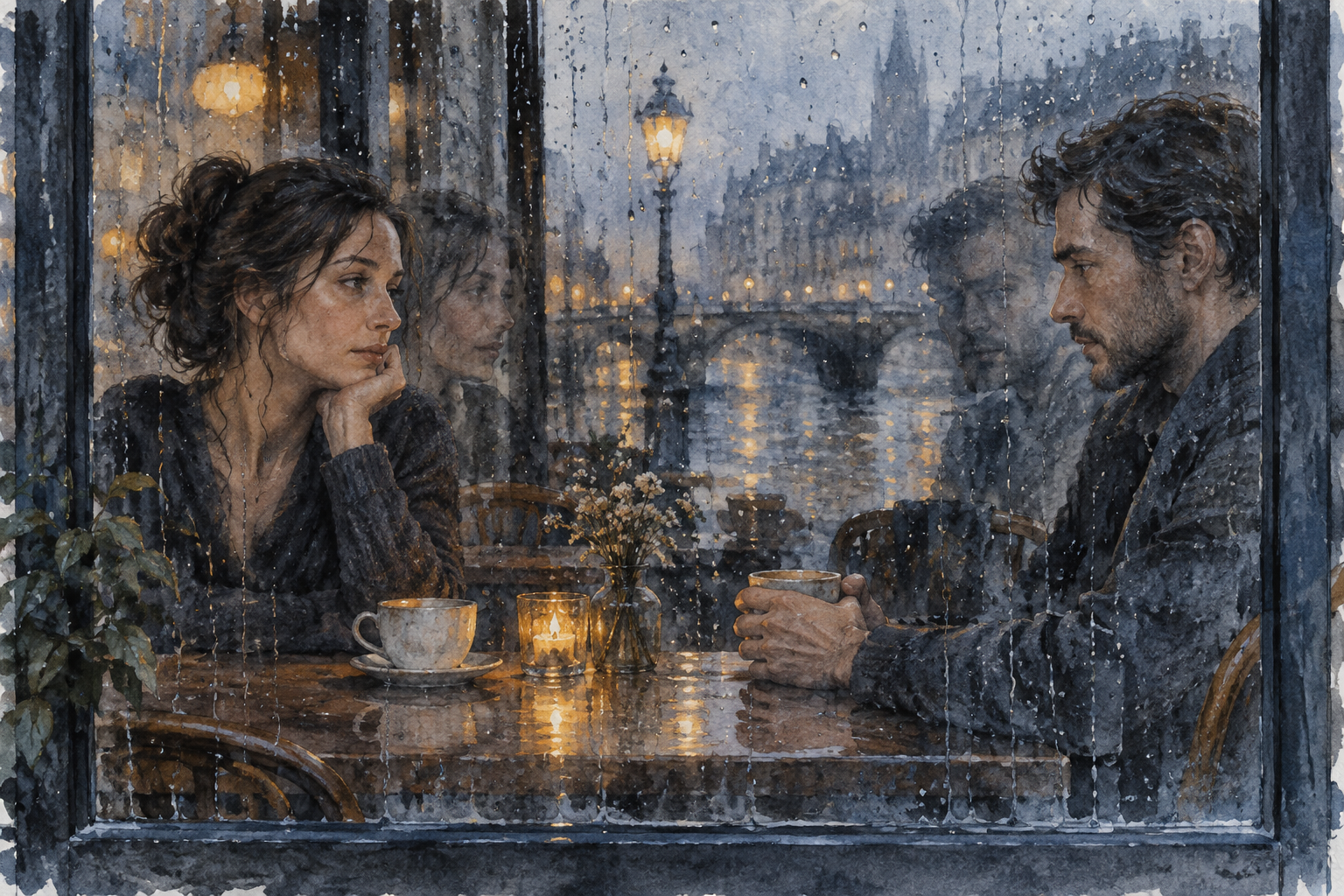 An imagined conversation through a rainy window: words can pass between people without closing the distance.