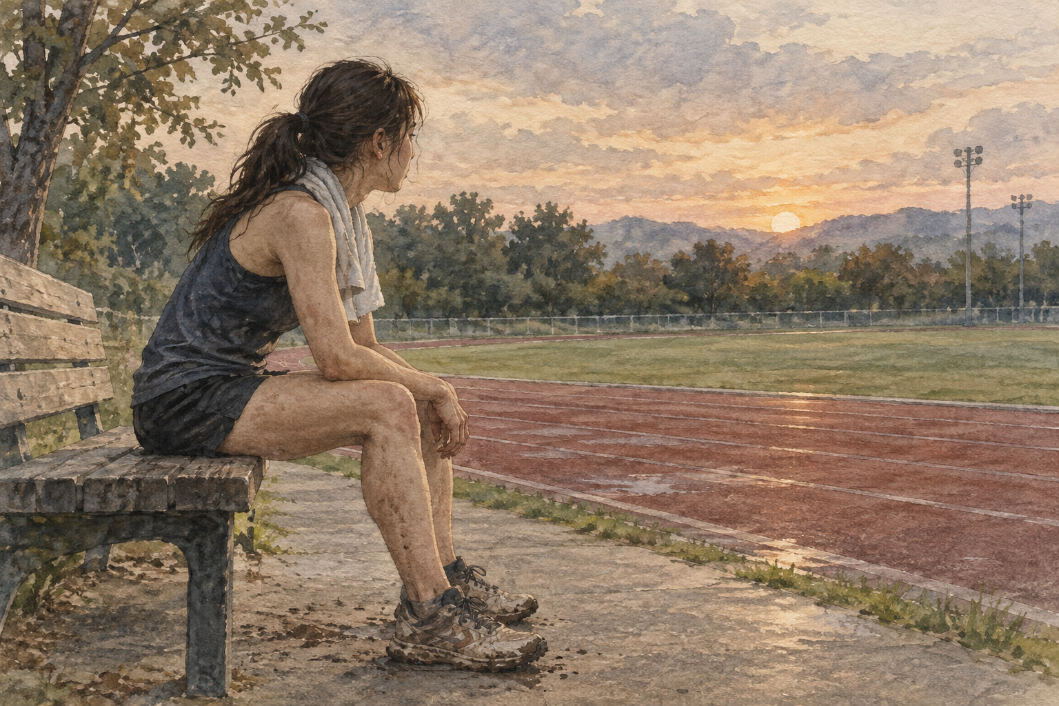 An imagined pause beside a sports field, outside the view of a scoreboard.