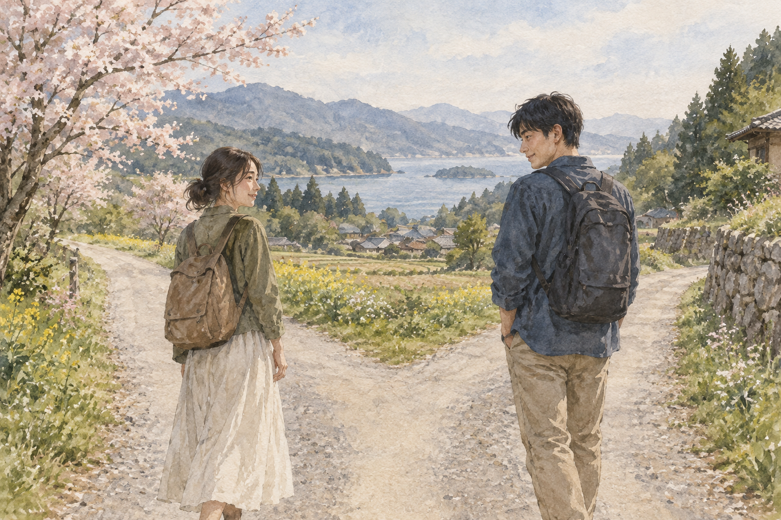 An imagined parting on a path, without ranking the destinations the two people choose.