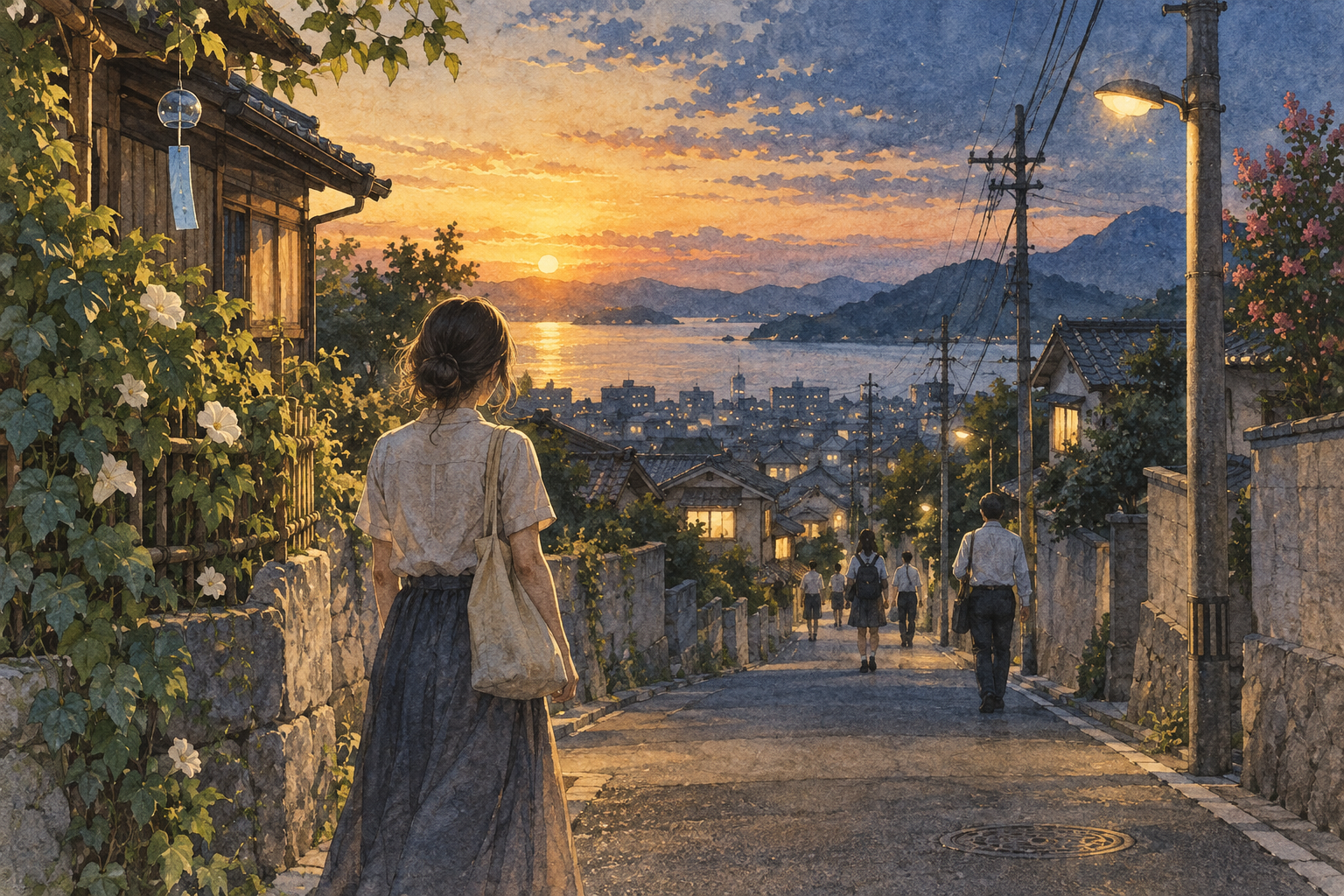 An imagined evening street: everyone can head home while one person's attention stays behind.