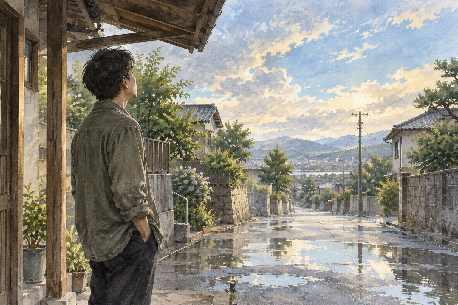 An imagined street after rain, where looking ahead does not immediately produce an answer.