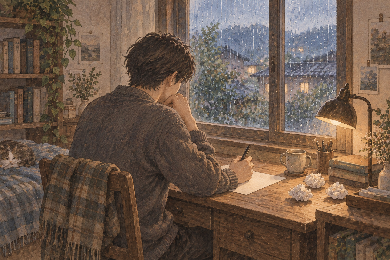 An imagined writer hesitates at a desk while rain blurs the window.